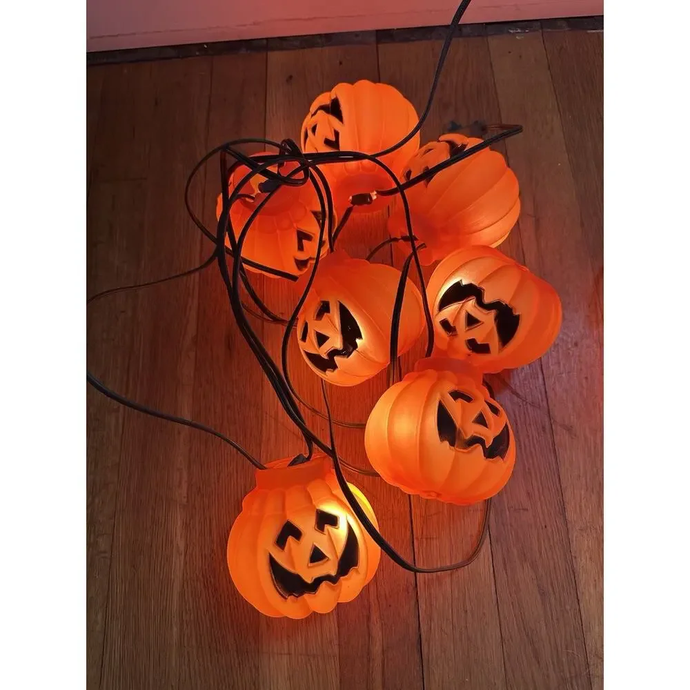 2 Sets Vintage 7 Halloween Blow Mold Pumpkin String Lights 1992